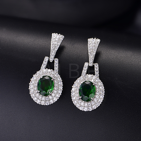 Brass Micro Pave Cubic Zirconia Oval Stud Dangle Earrings for Women BT3883-2-1
