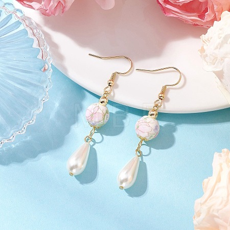 Round with Flower Pattern Porcelain Ceramic Dangle Earrings EJEW-JE06347-03-1