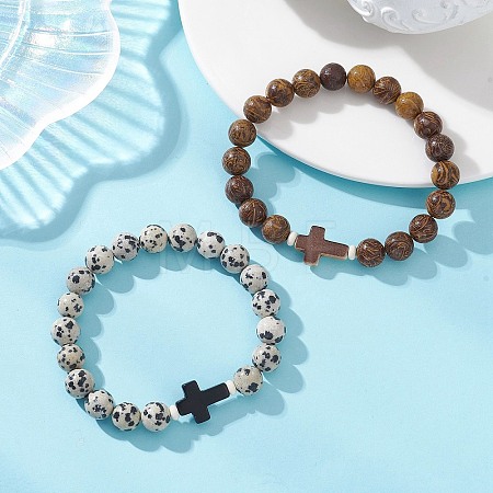2Pcs 2 Styles Natural Dalmatian Jasper & Elephant Skin Jasper Beads Stretch Bracelets BJEW-JB13675-1