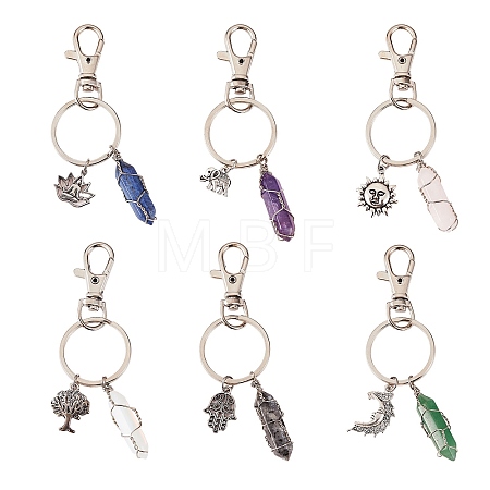 6Pcs 6 Style Natural & Synthetic Gemstone Copper Wire Wrapped Keychains KEYC-SZ0001-13-1