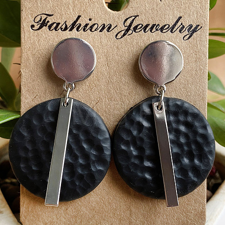 Flat Round with Rectangle Brass Polymer Clay Dangle Stud Earrings FS-WG657FE-02-1