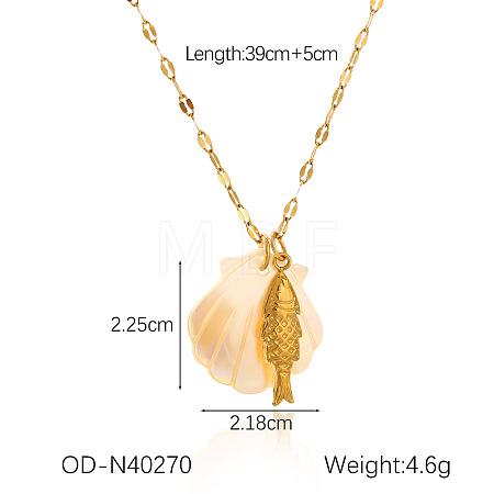 Ocean Theme Natural Shell & 304 Stainless Steel Pendant Dapped Chain Necklaces for Women FS-WG58500-02-1