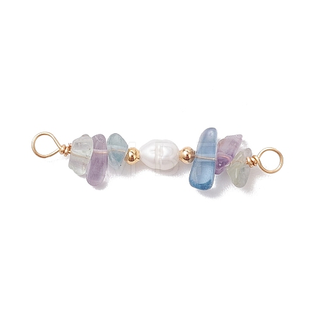 Natural Fluorite Chip & Natural Cultured Freshwater Pearl Rice Beaded Connector Charms PALLOY-JF03707-06-1