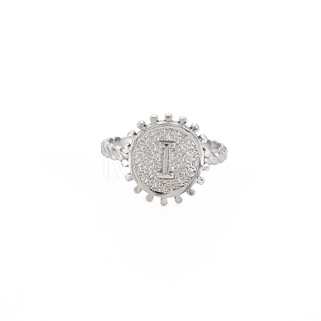 Non-Tarnish 304 Stainless Steel Flat Round with Initial Letter Open Cuff Ring for Men Women RJEW-S405-246P-I-1