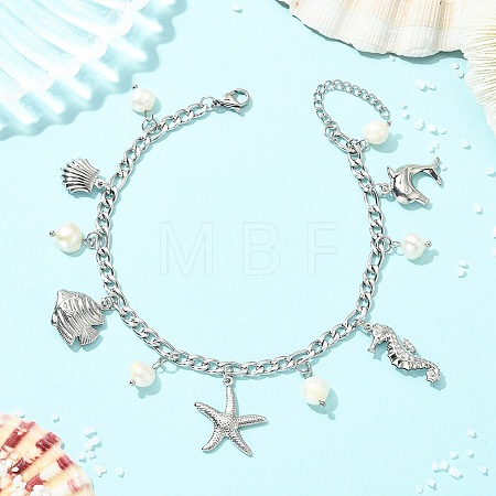 Ocean Natural Pearl & 304 Stainless Steel Starfish Sea Horse Shell Shape Charm Anklets for Women AJEW-AN00826-02-1