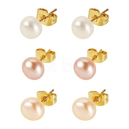 6Pcs 3 Colors Natural Cultured Freshwater Pearl Stud Earrings EJEW-TAC00026-1