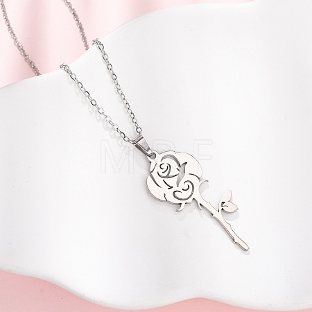 304 Stainless Steel Rose Flower Pendant Cable Chain Necklaces for Men Women NJEW-K308-05C-P-1