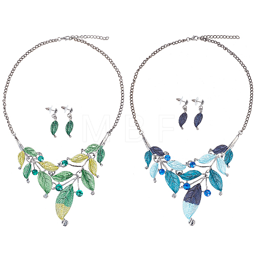 ANATTASOUL 2 Sets 2 Colors Alloy Enamel Leaf Dangle Stud Earrings & Bib Necklace SJEW-AN0001-49-1