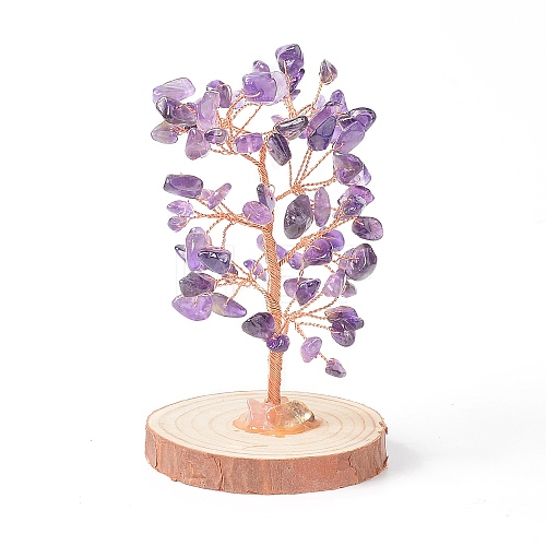Natural Amethyst Chips with Brass Wrapped Wire Money Tree on Wood Base Display Decorations DJEW-B007-05B-1