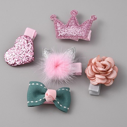 Cute Cat/Bowknot/Heart/Crown/Flower Polyester Alligator Hair Clips Set OHAR-WH0021-26-1