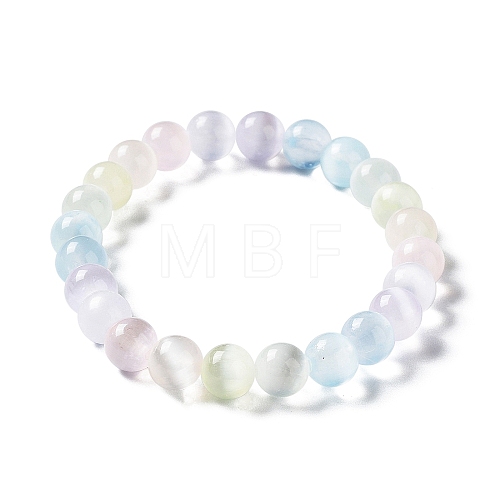 Macaron Color Dyed Natural Selenite Round Beaded Stretch Bracelet X-BJEW-D024-01A-1