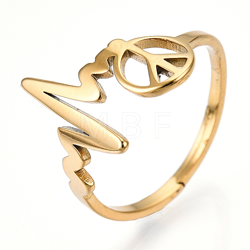 Ion Plating(IP) 304 Stainless Steel Heart Bit with Peace Sign Adjustable Ring RJEW-T027-04G-1