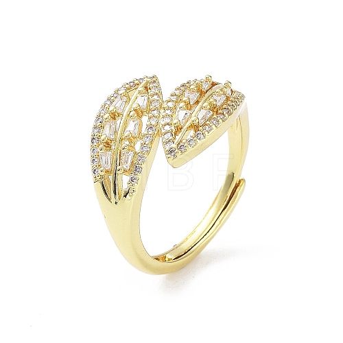 Leaf Shape Rack Plating Brass Micro Pave Cubic Zirconia Adjustable Ring RJEW-F155-01G-1