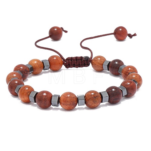 Adjustable Round Wood & synthetic Non-magnetic Hematite Braided Bead Bracelets for Men MC4524-4-1