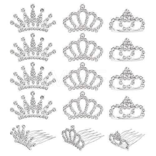 15Pcs 3 Style Crown Alloy Rhinestones Hair Combs FIND-CA0005-94-1