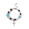 Natural & Synthetic Mixed Stone Beaded Bracelet with Cross Charm BJEW-TA00184-03-1