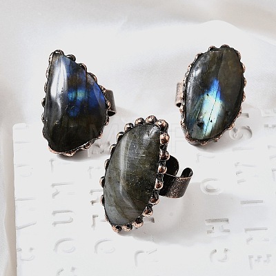 Natural Labradorite and Brass Cuff Rings RJEW-Q025-01A-1