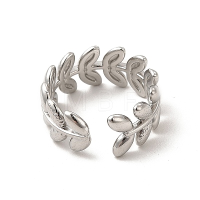 304 Stainless Steel Leafy Branch Open Cuff Ring for Women RJEW-P081-01P-1