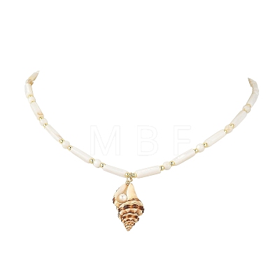 Natural Spiral Shell Pendant Natural Freshwater Shell Column and Round Shell Pearl Beaded Necklaces NJEW-JN06553-1