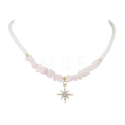 Alloy Crystal Rhinestone Star Pendant Natural Mixed Gemstone Chip and Round White Glass Pearl Beaded Necklaces NJEW-JN05696-1