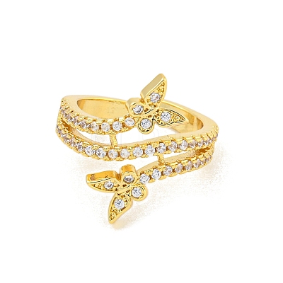 Butterfly Rack Plating Brass Micro Pave Cubic Zirconia Cuff Finger Rings RJEW-C103-01G-1