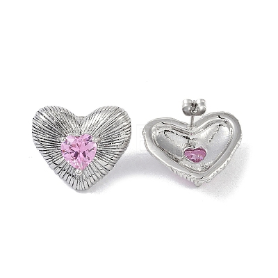 Heart 304 Stainless Steel Pearl Pink Cubic Zirconia Stud Earring for Women EJEW-Z047-05P-01-1