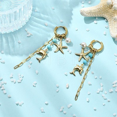 Dolphin & Starfish 304 Stainless Steel & Shell Pearl Hoop Earrings for Women EJEW-JE07128-1