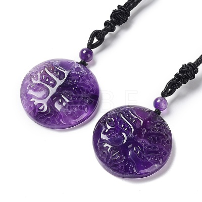 Natural Amethyst Tree of Life Pendant Necklace with Nylon Rope NJEW-H009-03-05-1