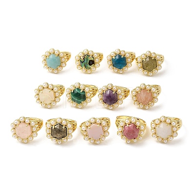 Natural Mixed Gemstone Hexagon Adjustable Ring with Plastic Pearl Beaded RJEW-E075-03G-1