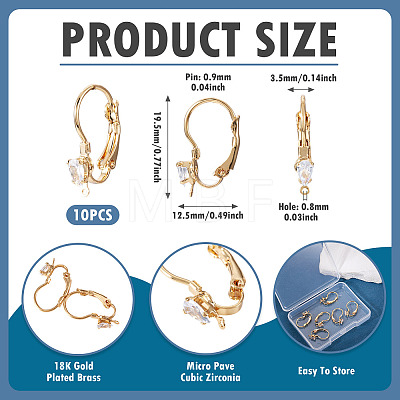 10Pcs Brass Micro Pave Clear Cubic Zirconia Leverback Earring Findings KK-TADJ0001-20B-1