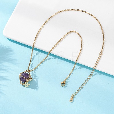 Brass Macrame Pouch Natural Amethyst Inside & 304 Stainless Steel Pendant Necklaces for Women NJEW-JN05607-03-1