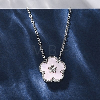 304 Stainless Steel Pave Natural Pink Shell Flower Pendant Necklaces for Women NJEW-U032-16P-01-1