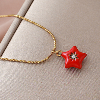Valentine's Day 304 Stainless Steel Enamel Red Heart Pendant Necklaces with Glass for Women IF7450-1