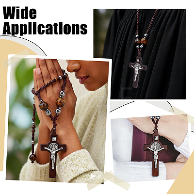 4Pcs Natural Tiger Eye Round Bead & Synthetic Hematite Bead & Wood Cross Pendant Necklaces NJEW-HY00003-1