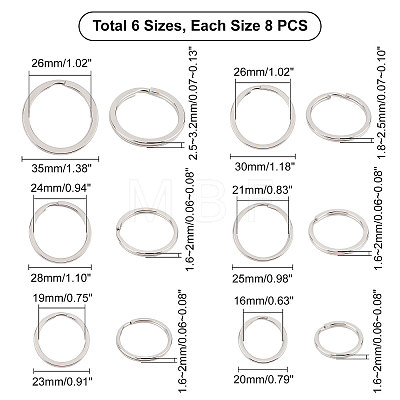 UNICRAFTALE 48Pcs 6 Sizes 304 Stainless Steel Split Key Rings STAS-UN0024-08-1