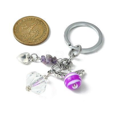 Gemstone Chip & Alloy Heart Pendant Keychain with Angel Acrylic Chamr KEYC-JKC00541-1