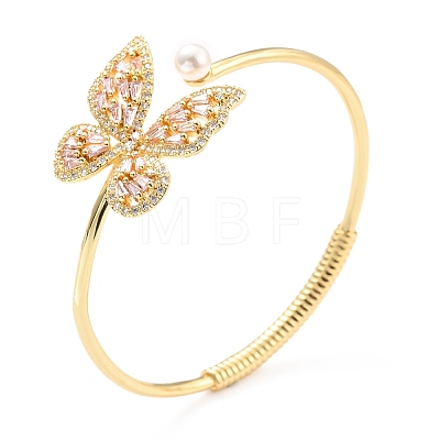 Cubic Zirconia Butterfly Open Cuff Bangle with Imitation Pearl BJEW-A123-25G-1