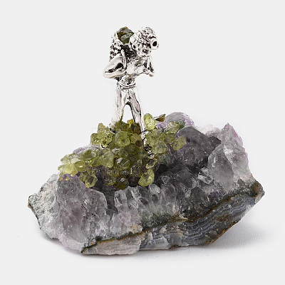 Natural Peridot Cluster & Alloy Miner Model Ornament DJEW-D002-01AS-01-1