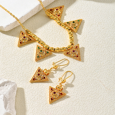 Vintage Brass Micro Pave Cubic Zirconia Triangle Pendant Necklace & Dangle Earring Set for Women SS2880-1
