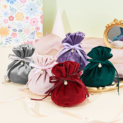 Velvet Jewelry Bags with Drawstring & Plastic Imitation Pearl TP-CJC0001-03F-1