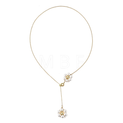 Adjustable Brass Shell Pearl Beaded Flower Pendant Lariat Necklaces NJEW-JN06496-1