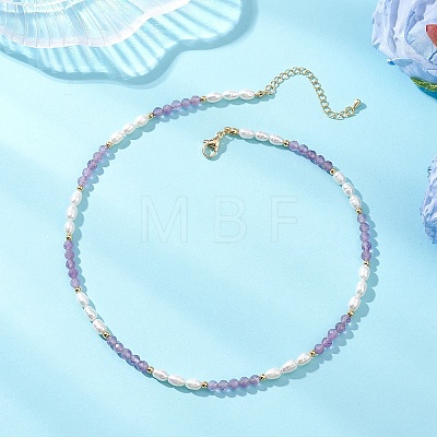 Faceted Round Natural Amethyst and Rice Natural Pearl Beaded Necklaces for Women NJEW-JN05816-03-1