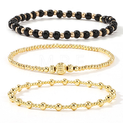 3Pcs Glass & Brass Round Beads Stretch Bracelets HD9470-10-1