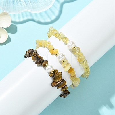 3Pcs 3 Styles Natural Mixed Gemstone Chip & Cultured Freshwater Pearl Beaded Stretch Bracelets Set for Women BJEW-JB13762-06-1