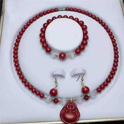 Cinnabar Round Beaded Necklaces & Bracelets & Dangle Earring Sets WGFCFD5-01-1