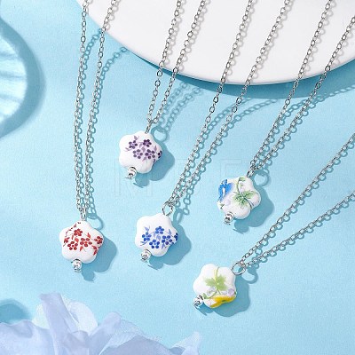 Handmade Printed Porcelain Flower Pendant Brass Cable Chain Necklaces for Women NJEW-JN05746-1