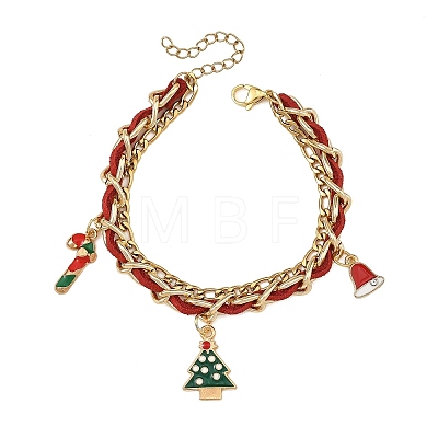 Alloy Enamel Christmas Tree Hat Candy Cane Charm Faux Suede Cord 304 Stainless Steel Woven Chain 2-Strand Bracelets BJEW-TA00763-1