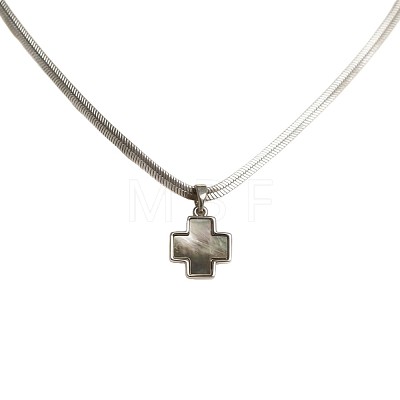 Natural Black Lip Shell Brass Religion Cross Pendant 304 Stainless Steel Flat Snake Chain Necklaces for Unisex WGD3FF7-01-1