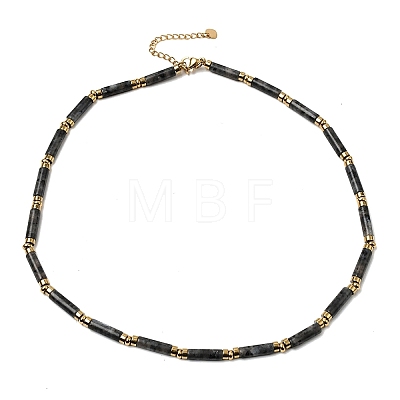 Natural Larvikite & Synthetic Non-magnetic Hematite Column Beaded Necklaces with 304 Stainless Steel End Chains NJEW-K301-01C-1