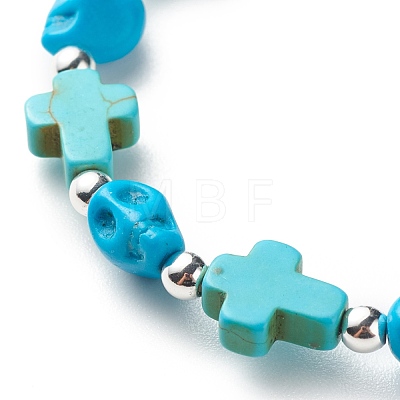 Synthetic Turquoise(Dyed) Cross & Skull Beaded Stretch Bracelet BJEW-JB08449-04-1